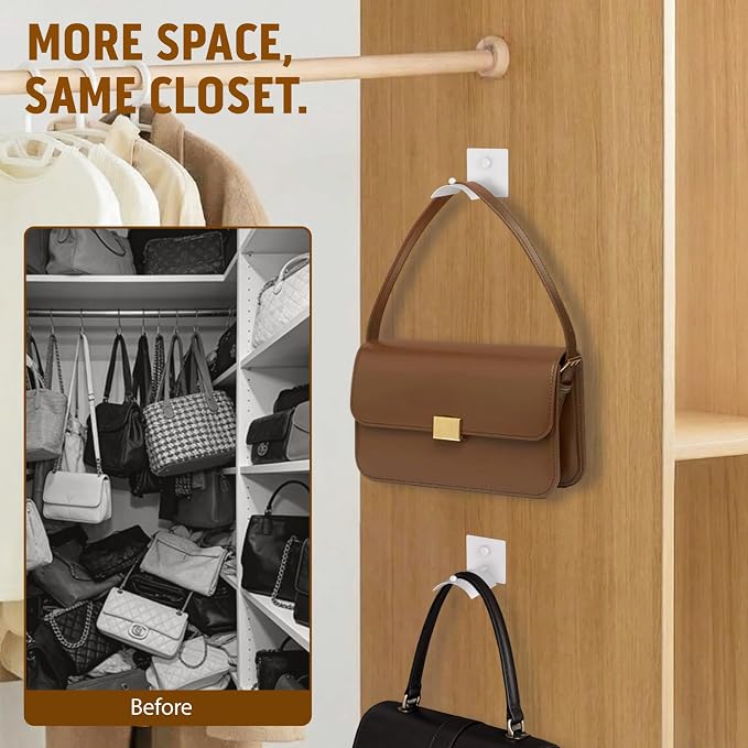 Wall Mounted Purse Organizer for Closet – Arc Handbag Holder Protects Handles & Saves Space, Adhesive or Screw Mount, Purse Hanger for Bedroom, Entryway, Office & Closet Storage/Organization, White