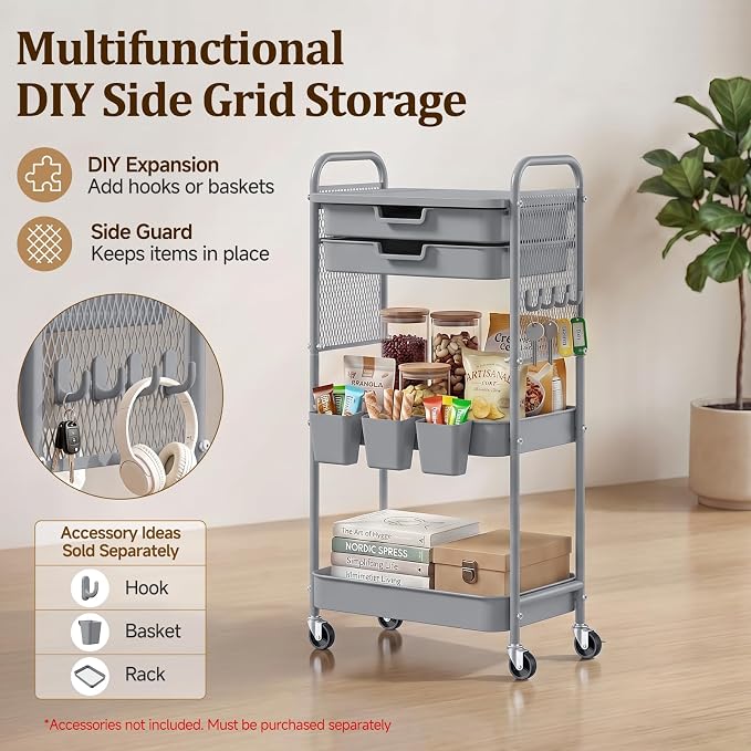 3 Tier Rolling Cart with 2 Drawers, Metal Utility Storage Carts with Wheels | Kitchen Rolling Cart 4.5" Deep Basket, Mesh Side Panel with 3 Cups, 4 Hooks for Office, Bedside, Craft Storage Cart