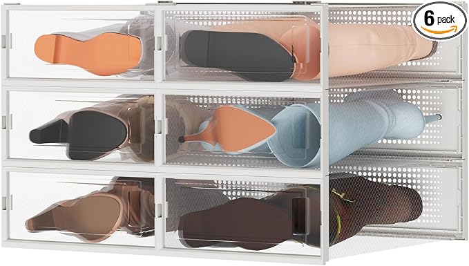 6 Pack Stackable Shoe Storage Boxes, Plastic Shoe Organizer Drawers Bins for Closet, Ventilated Shoe Containers with Lids for Sneakers, Heels and Boots, Clear