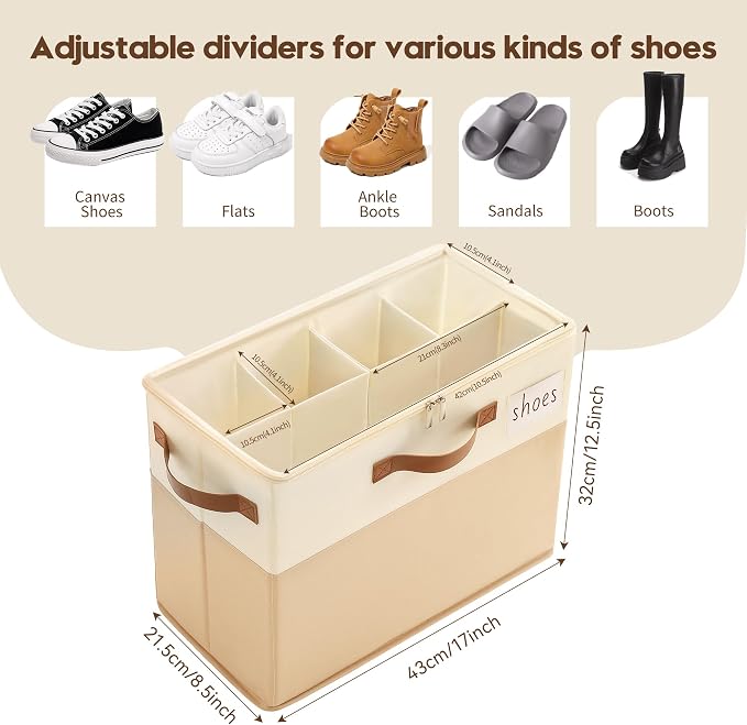 Varhomax Shoe Organizer Box for Closet, Small Fabric Storage Basket 3 Pack | Foldable Shoe Bin with Adjustable Dividers & Clear Cover, Saving Space Sneakers & Sandals Containers for Entryway, Cubby