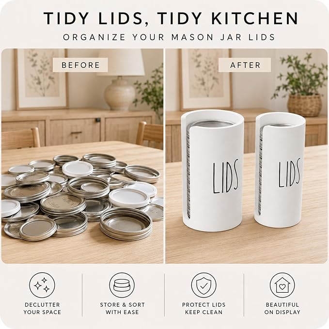 Mason Jar Lid Storage Organizer, White, 2 Pack | Wooden, Lid Holder & Dispenser, Fits Wide & Regular Mouth, Stackable for Kitchen Cabinet Pantry