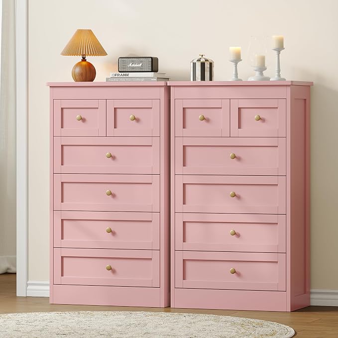 wanan Tall 6 Drawer Dresser for Bedroom, Pink Modern 43.3'' Tall Wood Chest of Drawers, Storage Organizer with Smooth Metal Rails & Anti-Tip Kit for Closet, Hallway, Living Room
