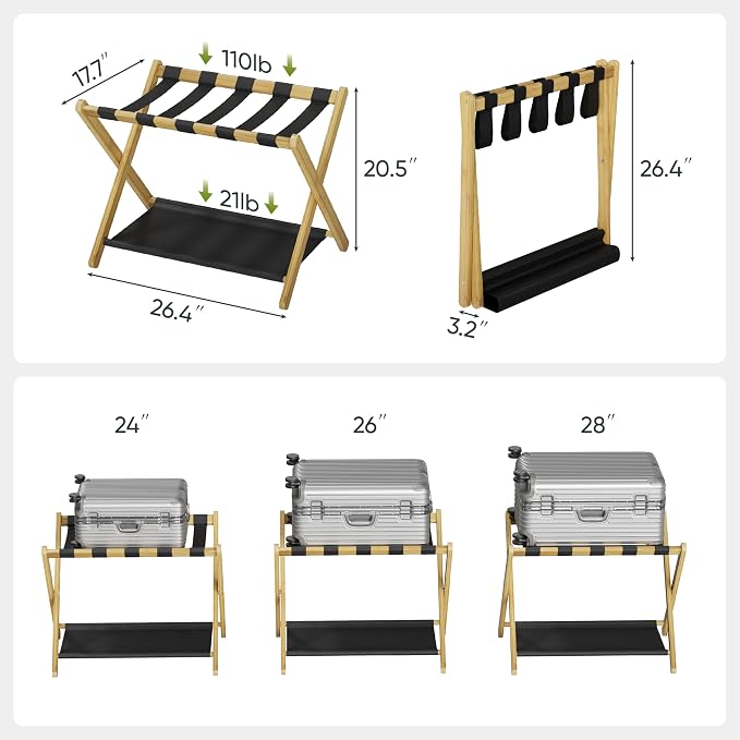 Smart FENDEE Luggage Rack, Folding Luggage Rack for Guest Room, Bamboo Suitcase Stand Holds up to 131 lb, Luggage Stand with Storage Shelf for Hotel, Bedroom (1 Pack)