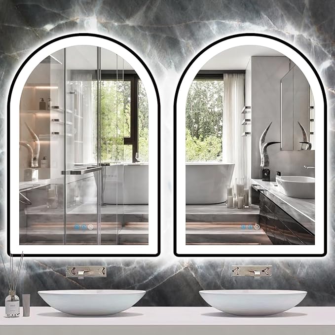 THEKLA 24 x 36 Inch Bathroom Black Arch Vanity Mirror with Light Black Frame Arch LED Mirror for Bathroom Wall Arched Lighted Mirror Anti Fog Dimmable 3 Color 36 Black Arched Smart LED Light up Mirror