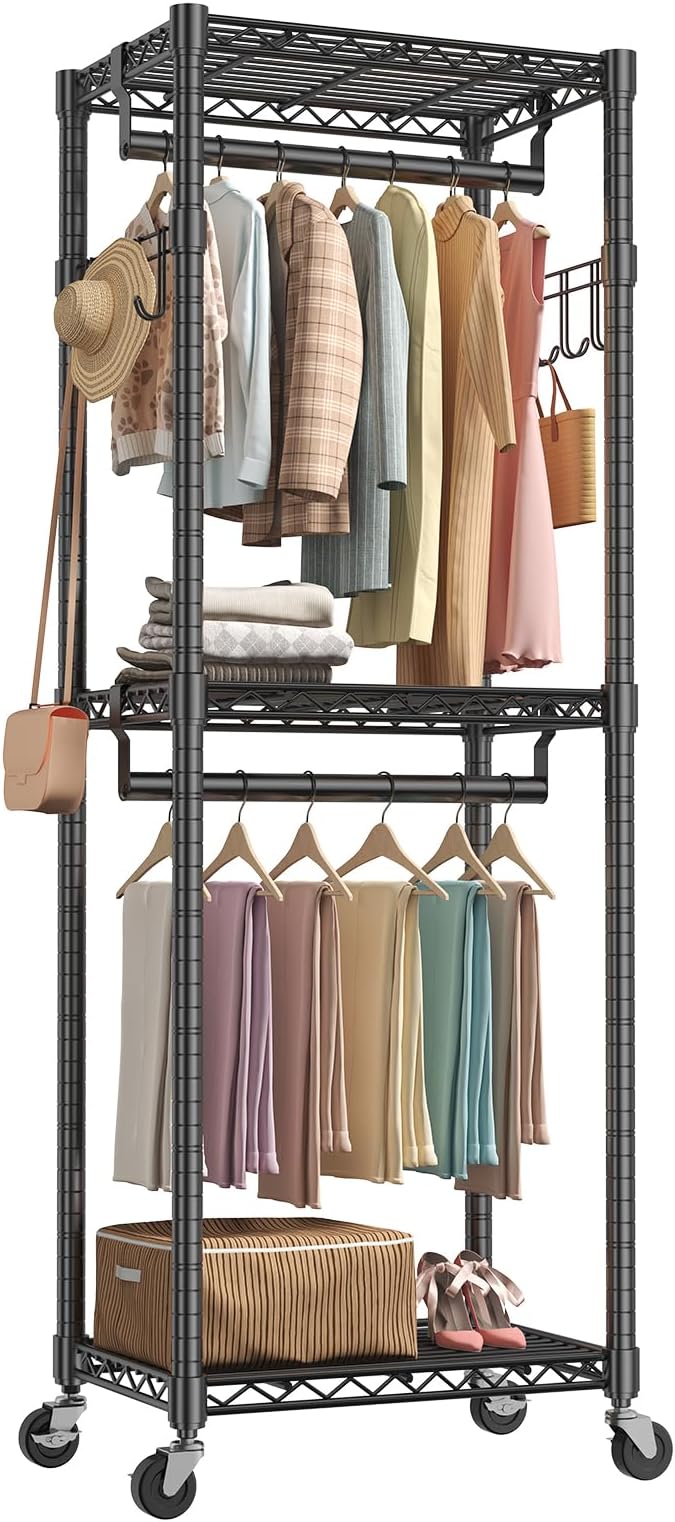 NEWBULIG Heavy Duty Clothing Rack with Wheels, 3-Tier Adjustable Wire Garment Rack, Metal Freestanding Closet Organizer System with Double Hanging Rods & 8 Side Hooks, 23" x 15" x 75", Black