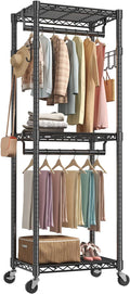 NEWBULIG Heavy Duty Clothing Rack with Wheels, 3-Tier Adjustable Wire Garment Rack, Metal Freestanding Closet Organizer System with Double Hanging Rods & 8 Side Hooks, 23" x 15" x 75", Black