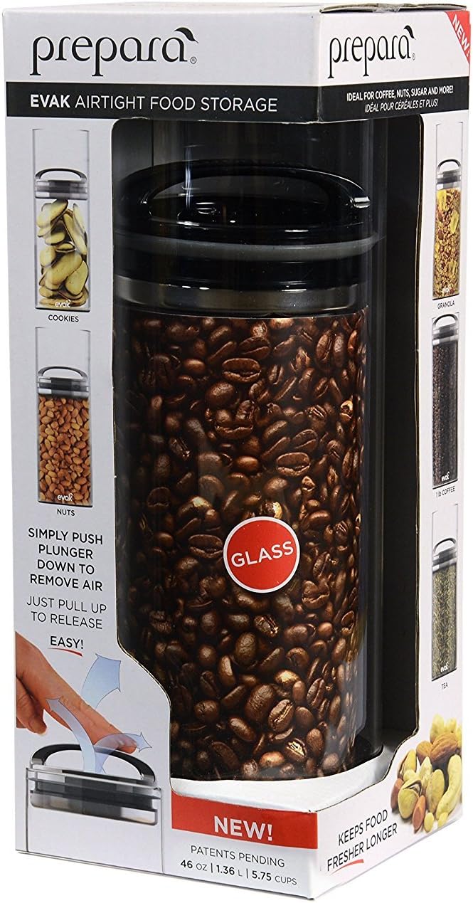 Prepara Evak Compact Airtight Food Storage Container, Large (6" x 3.75")– Glass Canister with Black Gloss Handle, Vacuum Seal Keeps Food Fresh Longer, Ideal for Coffee, Tea & Pantry Storage