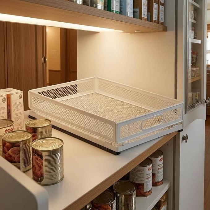 Pull-out Storage Basket Metal Frame Mesh Storage Basket Easy Access for Kitchen, Large Storage Basket 40CM Length With Slide Rail