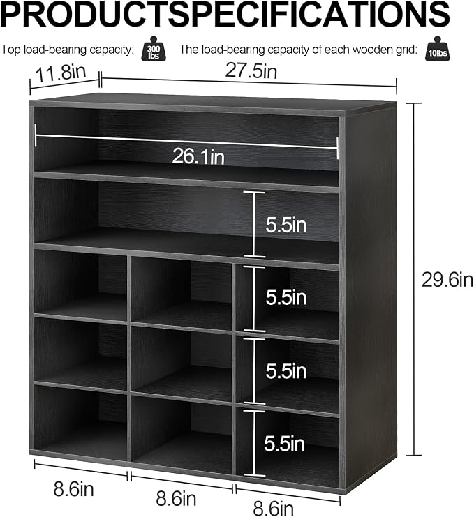 Garden 4 you Shoe Rack Organizer, 5-Tier Wood Cubby Shoe Rack with 2 Storage Shelf and 9 Cubbies, Shoe Organizer Cabinet for Entryway, Hallway, Closet and Garage,Black