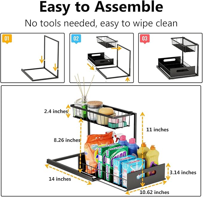 Ceetug Under Sink Organizers and Storage 2 Tier Slide Out Kitchen Cabinet Organizer Sturdy Metal Bathroom Storage (Black, 2 Pack)