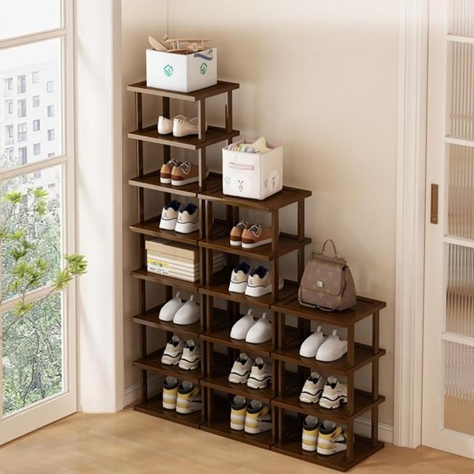 AFOORD Vertical Shoe Rack-Tall Narrow Shoe Rack Organizer for Small Spaces,12Tier Bamboo Shoen Shelf for Entryway,Closet,Corner,Doorway,Skinny Shoe Shelf Space Saving Shoe storage,Free Stackable DIY