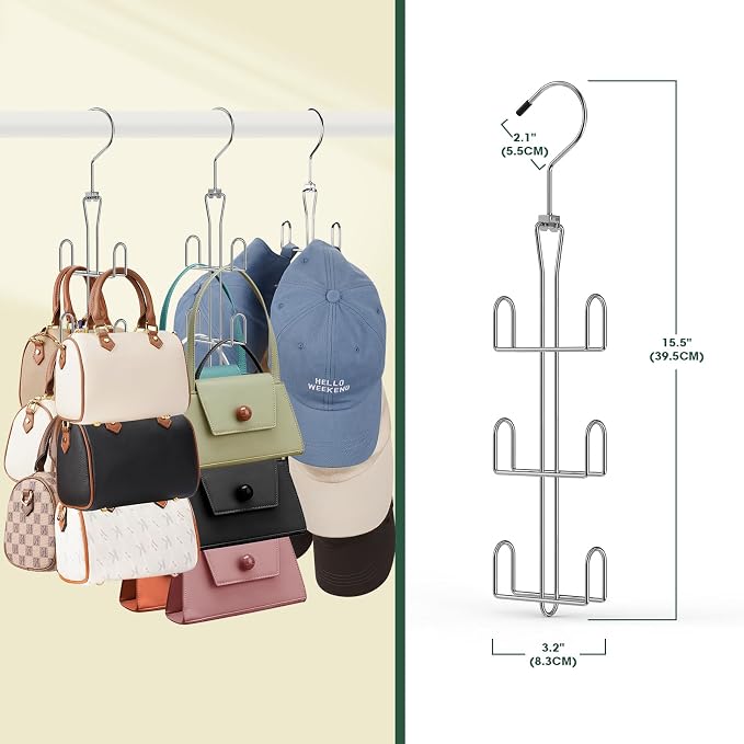 Purse Hanger Purse Organizer for Closet,Rotatable Metal Bag Organizer,Purse Holder for Handbags,Belts,Scarves,Tote,Baseball Hats,Backpacks(Silver)