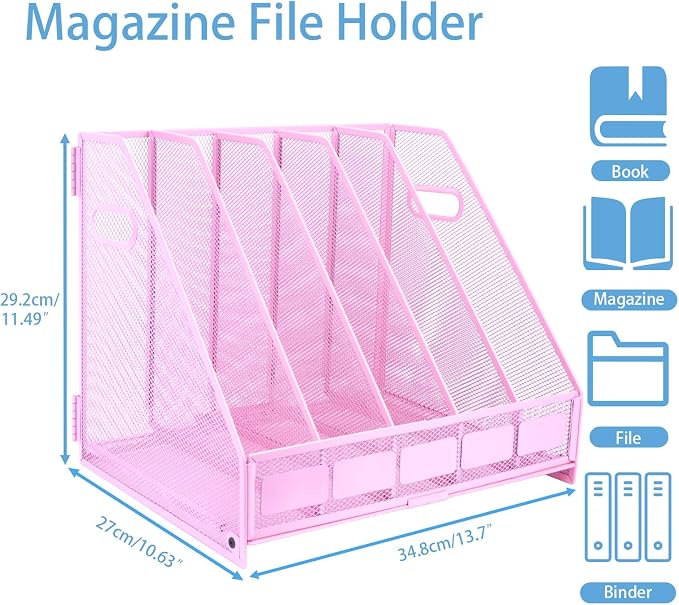 Desk Organizers Metal Magazine File Holder Racks Desktop Folder Storage Binder Organiser Document Organization for Home Office & Classroom,5 Vertical Compartments-Pink