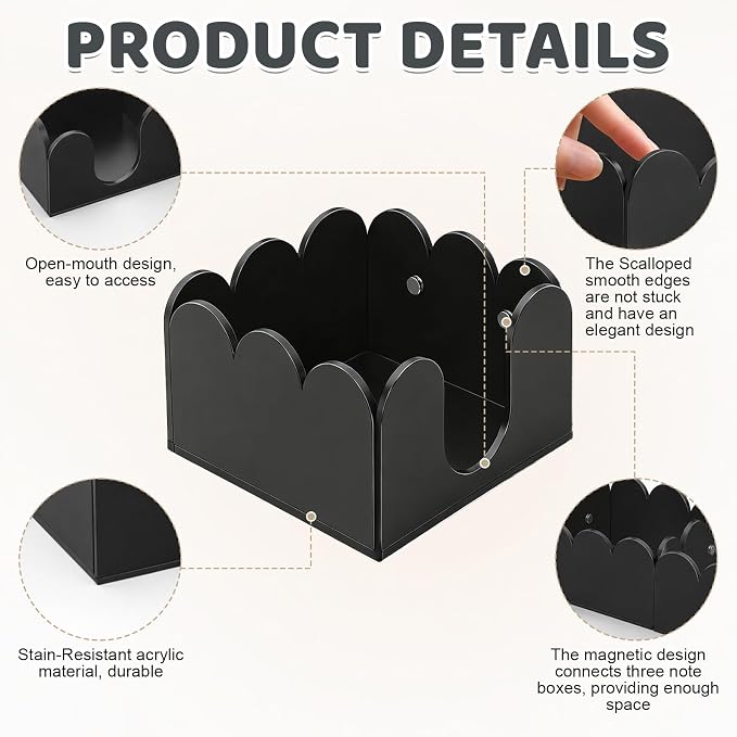 3Pcs Scalloped Acrylic Sticky Note Holder,Black Sticky Notes Dispenser 3x3 Thick Post it Notes Memo Pad Holder Non-Slip Desk Organizer for Office Home School Dorm Desktop