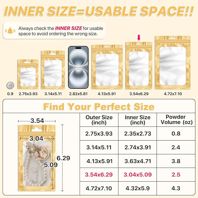 ANZNKU 100 PCS Resealable Mylar Bags with Frosted Clear Window Packaging Bags Foil Pouch Zipper Bag for Food Self Sealing Storage Supplies (3.54x6.29, Light Gold)