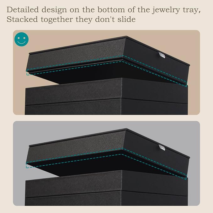 4-Layer Stackable Jewelry Organizer Trays with Tempered Glass Lid, Black PU Leather Jewelry Drawer Inserts Display Case, Large Anti-Tarnish Storage Box for Earring Necklace Ring Sunglasses
