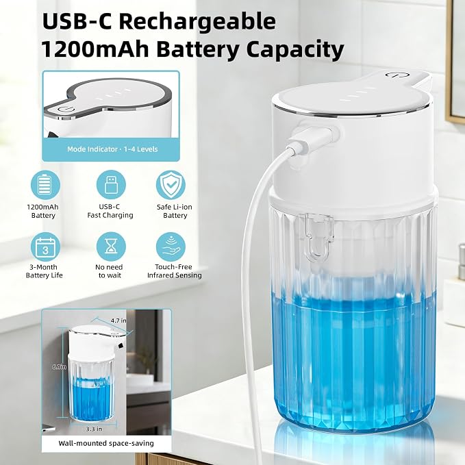 Automatic Liquid Soap Dispenser Touchless, 12oz Rechargeable Soap Dispenser with 4 Adjustable Levels, Auto Hand Soap Dispenser for Kitchen, Bathroom Countertop, Wall Mounted, IPX5 Waterproof