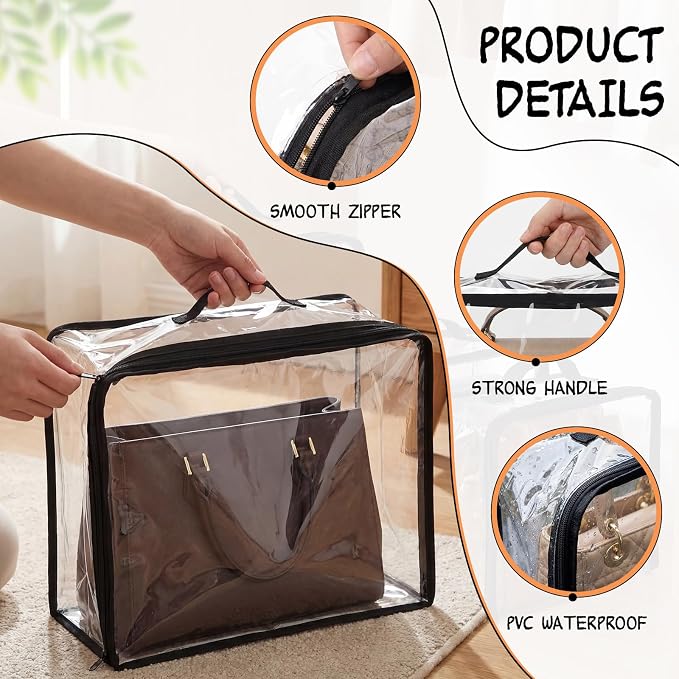 Hsei 5 Clear Dust Bags For Handbags 5-Sizes Fits Mini Wallets Oversized Tote Bags PVC Waterproof Purse Storage Organizers for Luxury Bag Soft Stand-Up with Zipper Handle for Closet Hanging