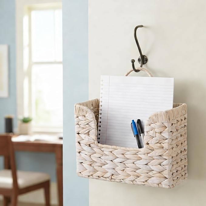 Set of 2 Magazine Holder Wall Basket Water Hyacinth Woven Mail Organizer, Wicker Wall Hanging Baskets for Magazines, Letters & Storage Decorative Mail Holder, Magazine Rack, Hanging Basket, Whitewash