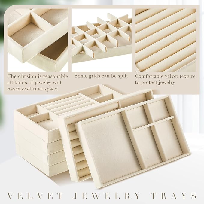 Junkin 18 Pcs Jewelry Drawer Organizer Inserts, Stackable Jewelries Inserts for Dresser Drawers, Drawer Insert Organizers Velvet Jewelry Trays for Rings Earring Bangle Necklace(Beige)