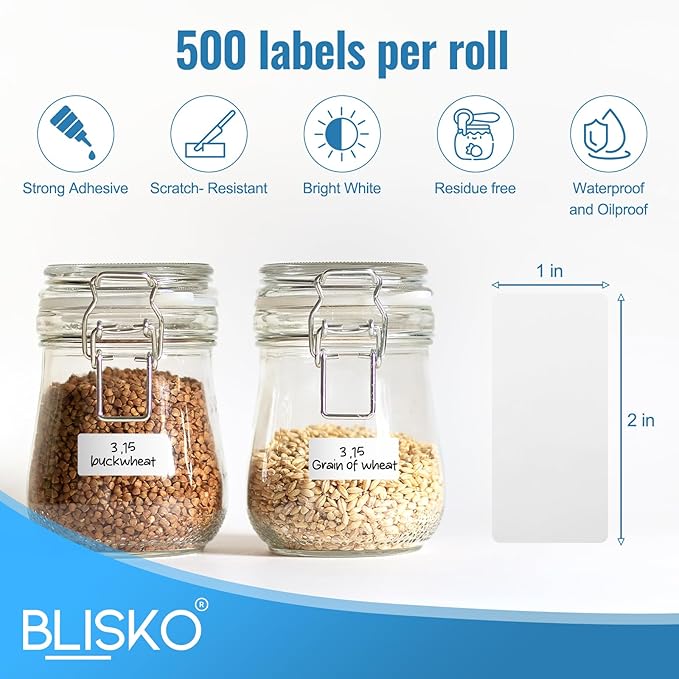 BLISKO 500 Pcs Removable Labels Easy Peel Off, 1x2 Inch Blank Food Label Stickers, Waterproof, Oil Resistant, No Residue, Freezer Tape for Labeling, Freezer Labels for Home, Restaurants & Catering