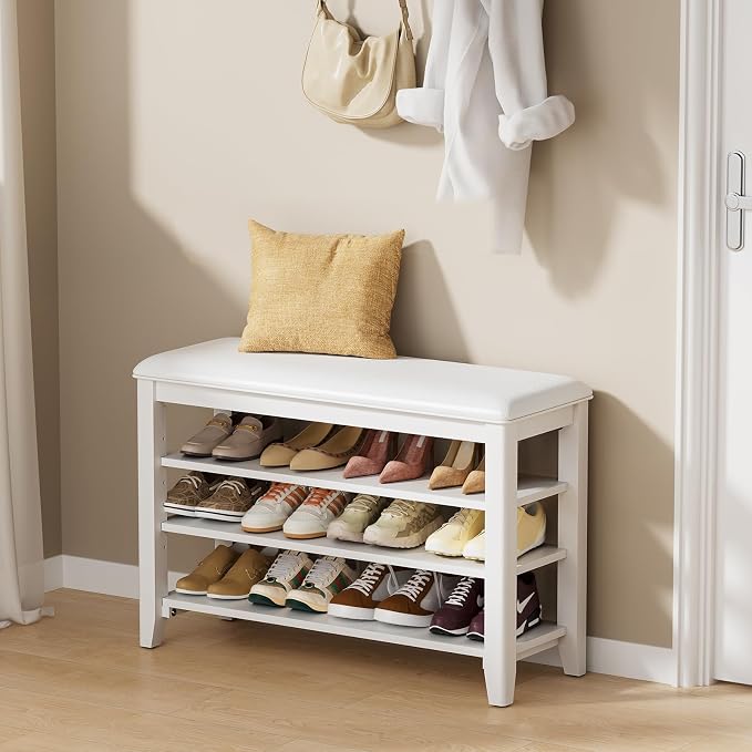 Taitiy Entryway Shoe Storage Bench, Shoe Organizer Bench for Entryway, Ideal for Hallways Front Doors Entrances Mudrooms Featuring Rubberwood and 3 Height-Adjustable & Removable Shelve