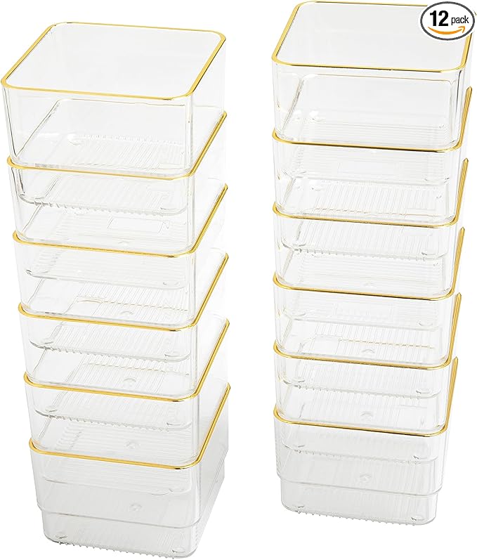 Martha Stewart Kerry Plastic Stackable Office Desk Drawer Organizers, 3" x 3", 12 Pack, with Gold Trim