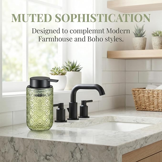 Green Glass Liquid Hand Soap Dispenser with Matte Black Pump Thick Embossed Bottle Refillable for Bathroom and Kitchen Decor 13.5 oz