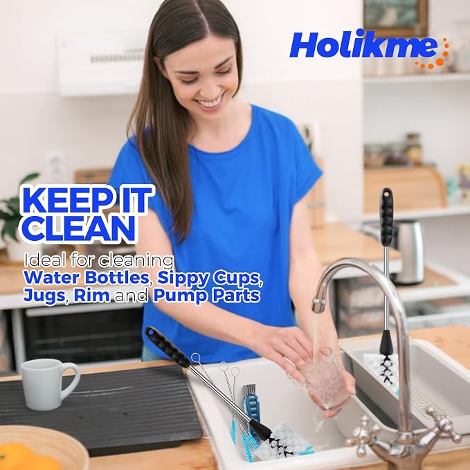 Holikme 6 Pack Bottle Brush 14" Stainless Steel Straw Cleaner Brush,Blue | Bottle Cleaner Brush, 3 Straw, Bottle Cleaning Brush for Water Bottle, Baby Bottle Brush, Antistatic Brushes