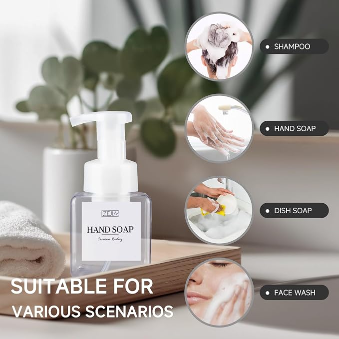 250ML Foaming Soap Dispenser, 2-Pack Plastic Hand Soap Dispenser, Refillable Leakproof Foam Pump Bottle with Waterproof Labels, for Shampoo, Body Wash