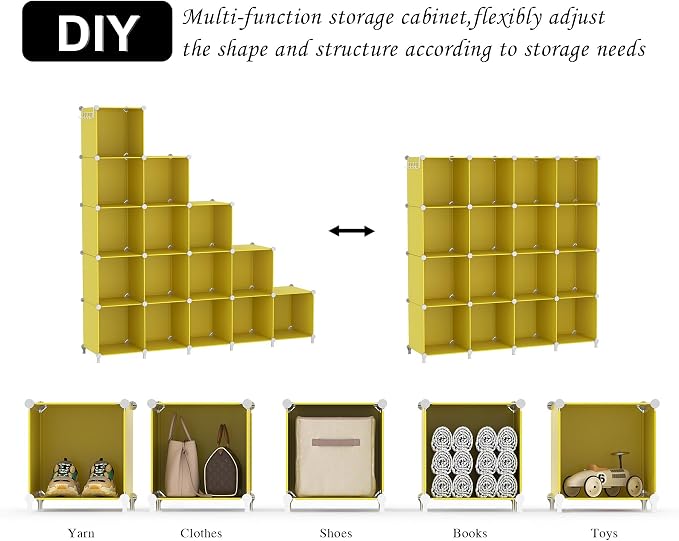 AWTATOS Cube Storage Organizer, Closet Organizers Storage Shelf, 16 Cube | DIY Stackable Storage Cube Shelves, Plastic Clothes Organizer Shelving for Bedroom, Home Office, Yellow