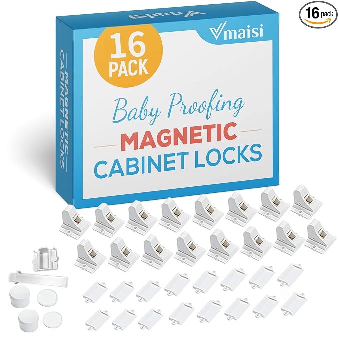 Vmaisi Child Safety Magnetic Cabinet Locks Baby Proofing 16 Locks & 2 Keys | Children Proof Baby Locks - Adhesive or Screws Fixed for Cabinets and Drawers Protection