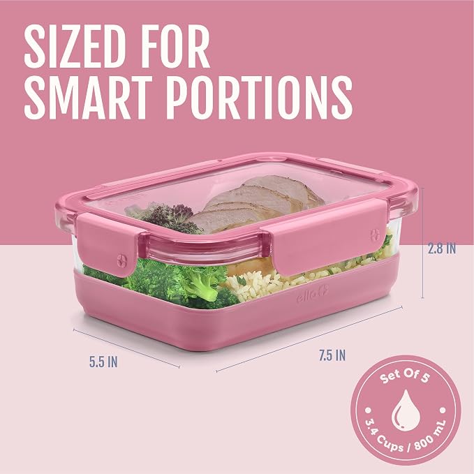 Ello Duraglass Refresh 3.4 Cup Meal Prep Sets 10Pc, 5 Pack Set- Glass Food Storage Container with Silicone Boot and Airtight BPA-Free Plastic Lids, Dishwasher, Microwave and Freezer Safe,Dusk Delight