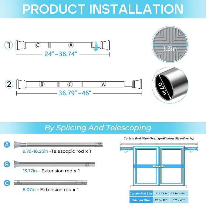 Spring Tension Curtain Rod 24-46 inch, Adjustable Expandable Tension Curtain Rod No Drilling, Tension rods for Window Doorway Kitchen Curtain, Silver