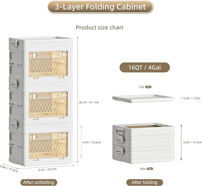 16 QT / 4 Gal Foldable Storage Cabinet with Clear Double Doors Organizer, Transparent Front & Back, Pull to Setup, Rolling Storage Bin for Closet/Living Room