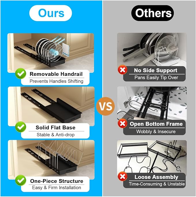 Golener Pots and Pans Organizer Under Cabinet, Pot Lid Holder, 2 Pack | No Drill Slide-Out Pan Organizer with Adjustable Dividers & Handle Bracket, Pan Storage Inside Cabinet for Kitchen