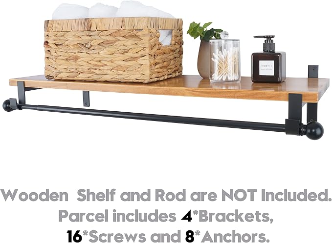AddGrace Closet Rod Bracket Heavy Duty Shelf Brackets Black 8 Inch 4 Pack | Fit for Closet Wardrobe Laundry Room and Kitchen, with Hook, Store Above and Hang Below, Supports 66 lbs, Easy to Install