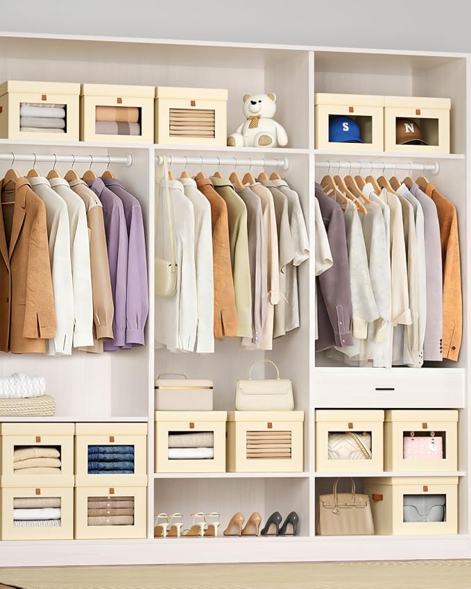 Homsorout Storage Bins with Lid – Closet Organizer with Side Opening and Clear Window, Foldable Stackable Fabric Basket for Clothes, Home, Office - 13.77" x 11.8" x 9.8", 5 Pack, Beige