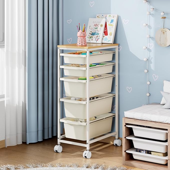 Slim Rolling Storage Cart with 5 Drawers, Craft Organizer, Wooden Tabletop Utility Cart for Bedroom, Children's Room and Office Organization, Table Side Trolley with Lockable Wheels, White
