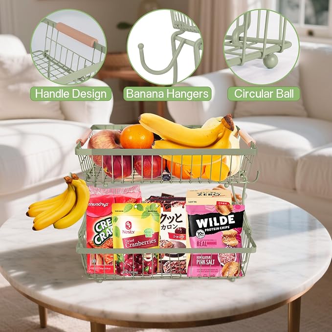 Fruit Basket Bowl 2 Tier Detachable with 2 Banana Hangers, Fruit Stand Holder for Kitchen Countertop, Metal Wire Vegetable Storage Organizer, for Bread Snack Veggies Produce,green