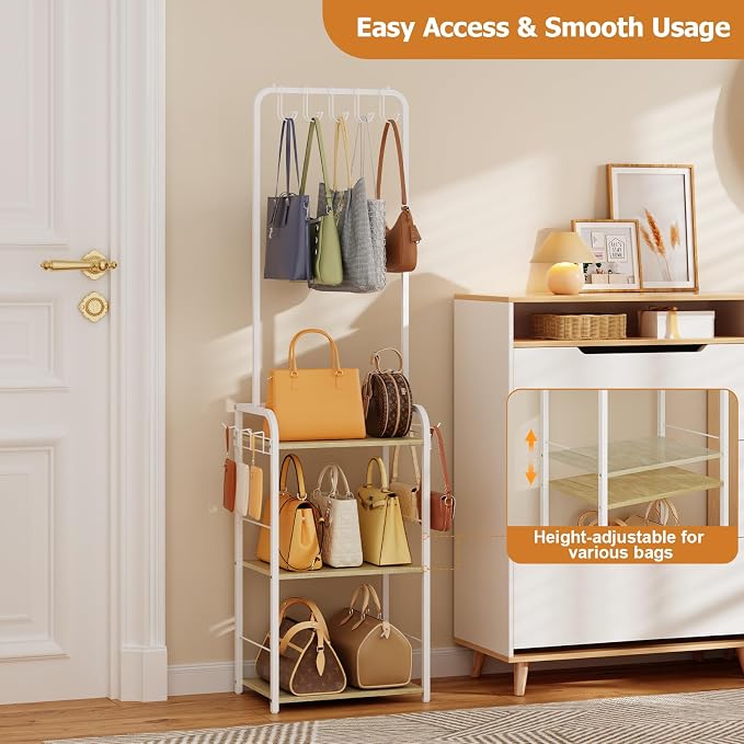 Hayexiha Tall Purse Organizer with Wood Shelves, Heavy Duty Metal Floor-Standing Handbag Storage Rack Stand for Women, Narrow & High-Capacity Bag Hanger Organizer for Closet, Bedroom, Small Space