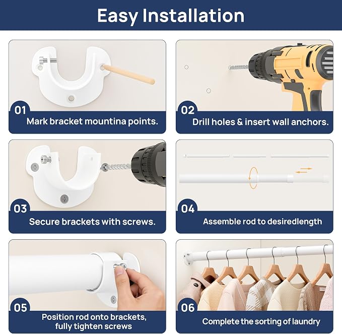 ENJOYBASICS Closet Rods for Hanging Clothes, 17 to 80 Inches Stepless Adjustable Closet Pole, 1.3 Inches Heavy Duty Clothes Rod for Wardrobes, Bathroom, Laundry and Windows, White