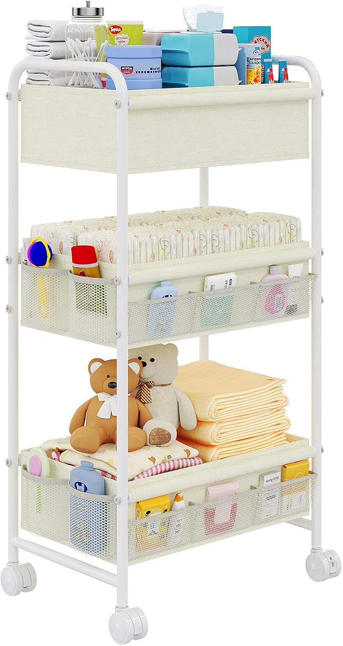 3-Tier Baby Diaper Caddy Cart Organizer,Mobile Nursery Storage Carts with Wheels,With 2 Dividers&14 Mesh Pockets Durable Metal Utility Cart for Nursery, Bedroom, Bathroom, Baby Essentials Organization