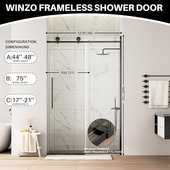 WinZo Frameless Shower Door 44-48 in W x 75 in H, Sliding Shower Door with 5/16"(8mm) Clear Tempered Glass Shower Door, Easy to Clean Bathroom, Silent Soft-Close Design, Matte Black
