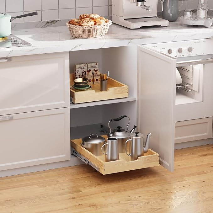 Sikarou Wood Pull Out Cabinet Organizer 26" W x 21" D, Heavy-Duty Sliding Drawers for Inside Cabinets Storage and Organization for Kitchen, Pantry, Bathroom