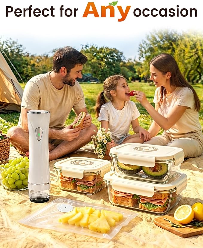 Compact Vacuum Sealer for Food - Portable Handheld Vacuum Sealer Kit : 1 Vacuum Pump, 3 Glass Containers, 40 Reusable Bags & 4 Sealing Clips, 6X Freshness Lock for Kitchen, Meal Prep & Travel