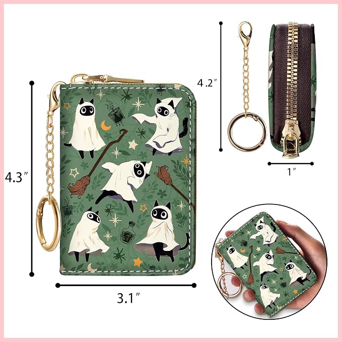Blusabaca RFID Credit Card Holder Small Women Travel Wallet, Halloween | Removable Keychain, Case with Zipper, Vegan PU Leather, Cash Coin Pocket, Business Accordion Purse, Ladies Female Gift