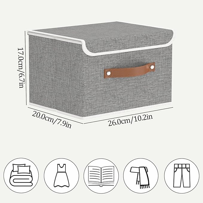OUTBROS Storage Boxes, Collapsible Storage Bins with Lids, Cotton and linen cloth Storage Baskets with Handle, for Books, Closet, Grey, 3 Pack 10.2 x 7.9 x 6.7in