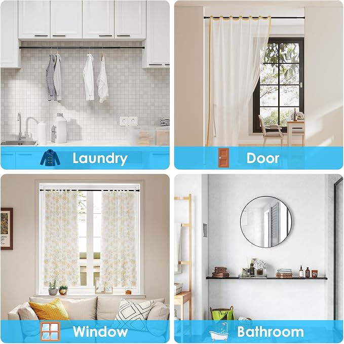 MEXAU 3pack Tension Curtain Rod 33 to 59 Inch，Black Spring Rods Adjustable Curtain Rod No Drill Expandable Spring Loaded Curtain Rod Tension Rod for Kitchen Doorway Closet