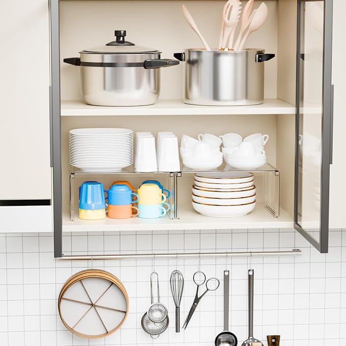 Yieach 2 Pack Acrylic Cabinet Organizer,2 Tier Stackable Shelves for Cabinets,RV Pantry Organization,Counter Space Saver Desk Organizers,Cupboard Shelf and Cabinet Stand & Risers for Mug,Cup,Dish